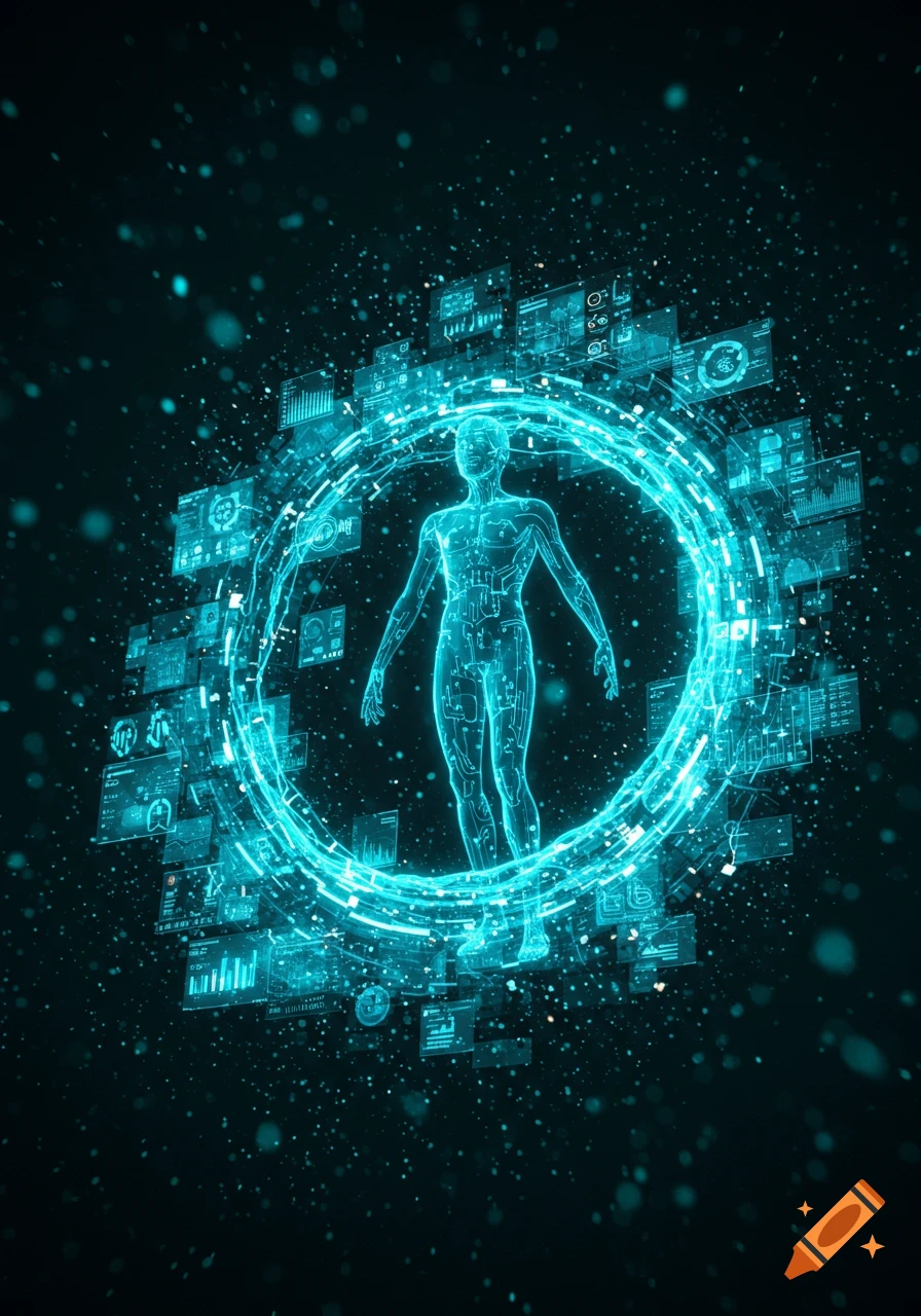 A glowing blue digital human outline surrounded by a ring of data screens and particles on a dark background.