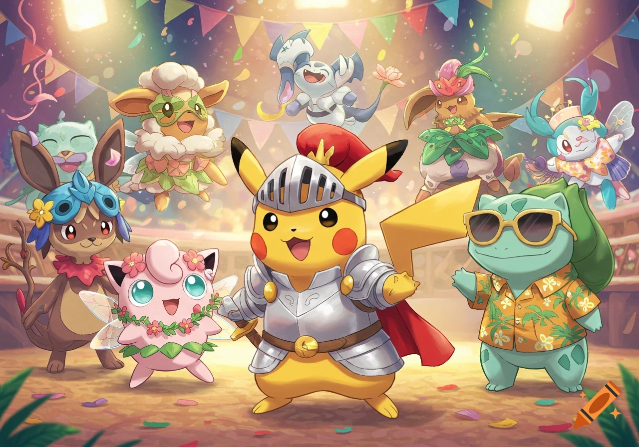 Pikachu in knight armor, Bulbasaur in a Hawaiian shirt, Jigglypuff with wings, and other Pok emon in costumes at a festive arena.