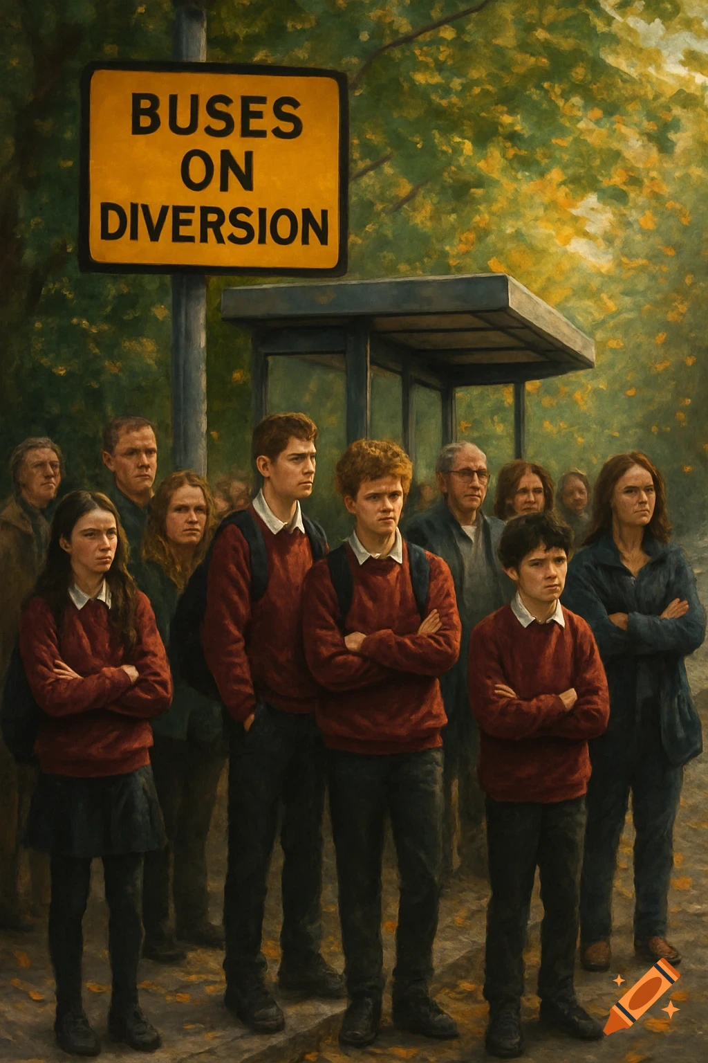 A painterly image of a group of people, including teenagers in maroon jumpers, looking frustrated while waiting at a bus stop under a 'BUSES ON DIVERSION' sign.