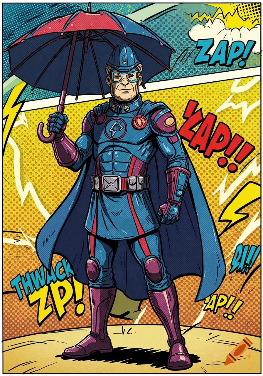 A male superhero in a blue and red suit, cape, and helmet holds a red and black umbrella. He stands in a comic book panel with 'ZAP!' text.