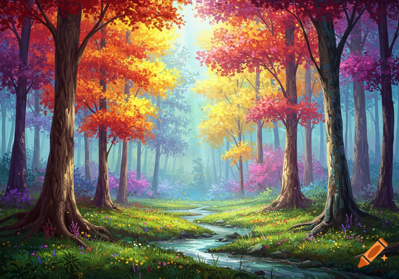 Vibrant, multicolored fantasy forest with a flowing stream and lush, flower-filled undergrowth.