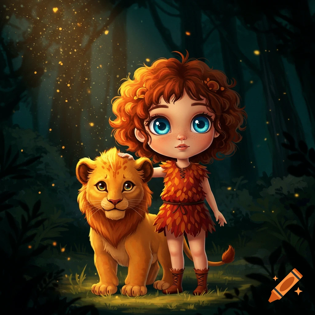 Cute cartoon girl with red curly hair petting a lion cub in a magical, glowing forest.