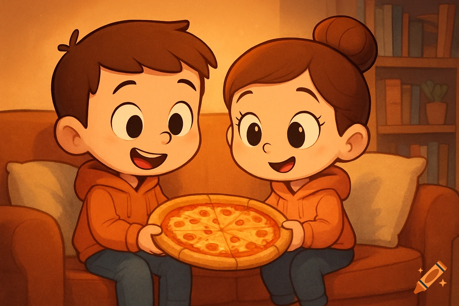 Cute cartoon boy and girl, with big heads, smiling while sharing a pizza on a couch in a living room.