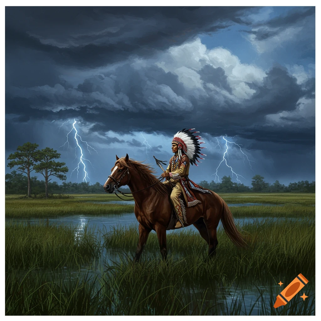 A Native American man on horseback in traditional regalia rides through a wetland under a stormy sky with lightning. Digital art.