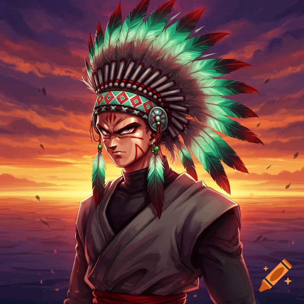 Anime character Goku Black with face paint and a feathered headdress, against a vibrant sunset over water.