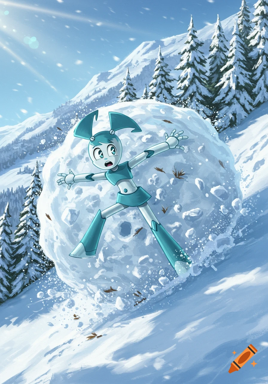 Cartoon robot Jenny Wakeman looks surprised as a giant snowball rolls down a snowy mountain slope with pine trees.