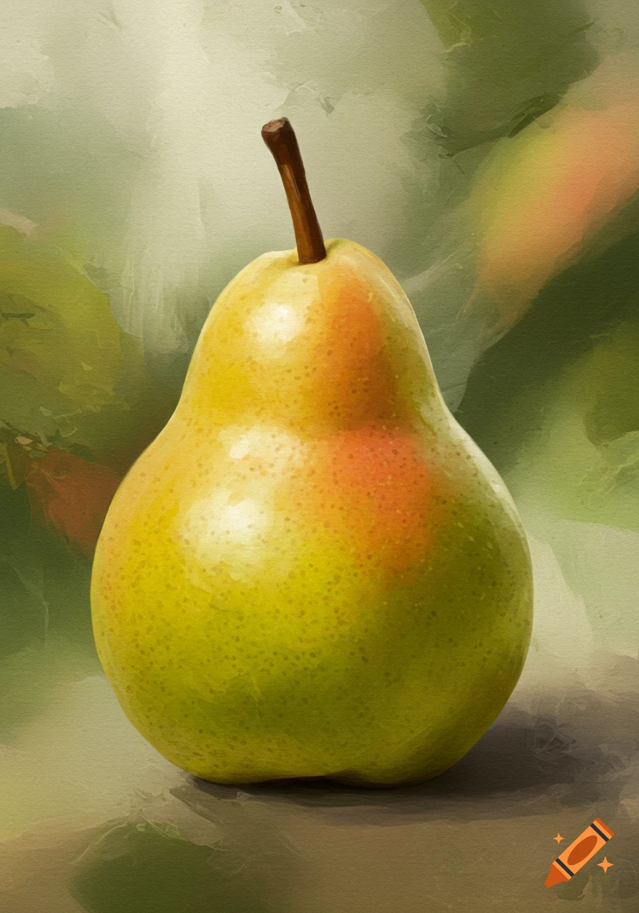 A vibrant yellow-green pear with a red blush, rendered in a painterly style against a soft green background.