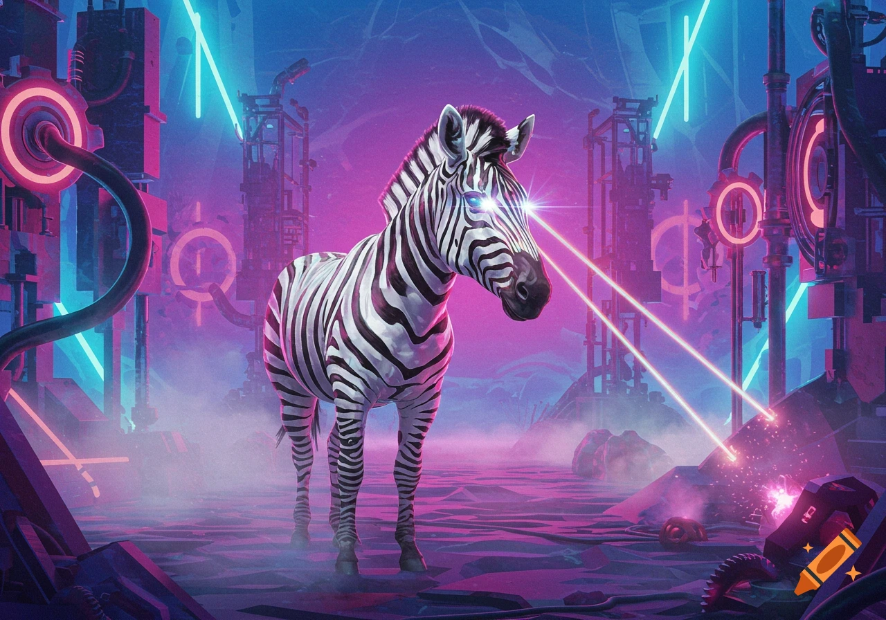 A zebra with glowing blue laser eyes fires beams in a vibrant, neon-lit futuristic industrial landscape.