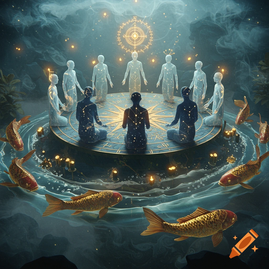 Ethereal figures gather around a glowing round table with celestial glyphs, surrounded by large golden carp in a misty, dark water environment.