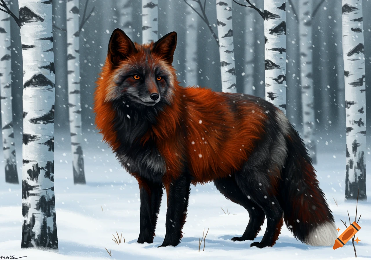 A reddish-orange and black fox stands in a snowy birch forest with falling snowflakes.