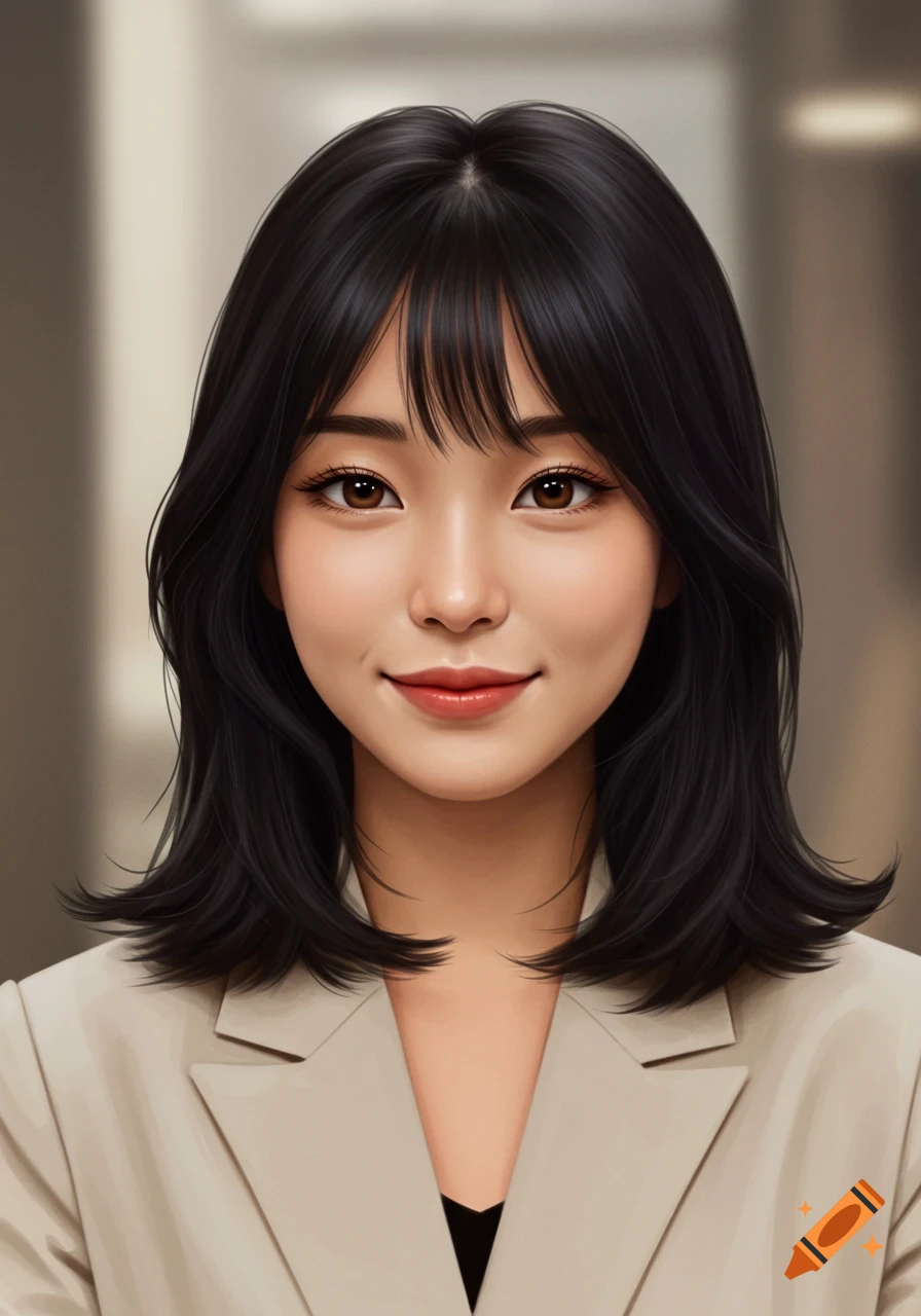 A digital portrait of a young woman with dark hair and bangs, brown eyes, wearing a beige blazer, smiling warmly.