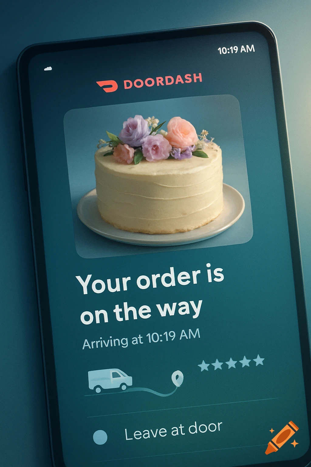 A close-up of a smartphone screen displaying the DoorDash app showing a cake order being delivered, arriving at 10:19 AM.