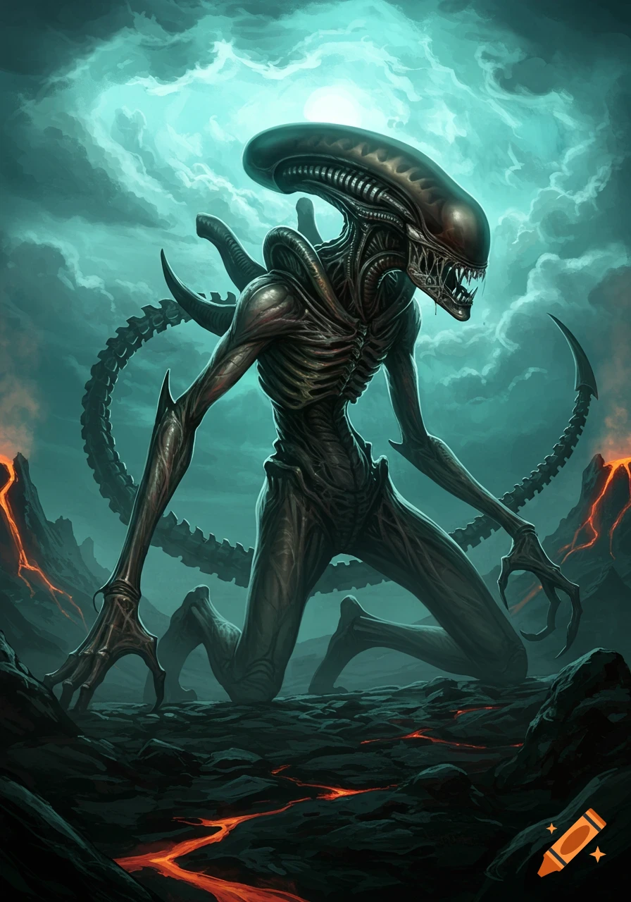 A monstrous xenomorph alien with large toes stands on a volcanic landscape under a teal, cloudy sky.