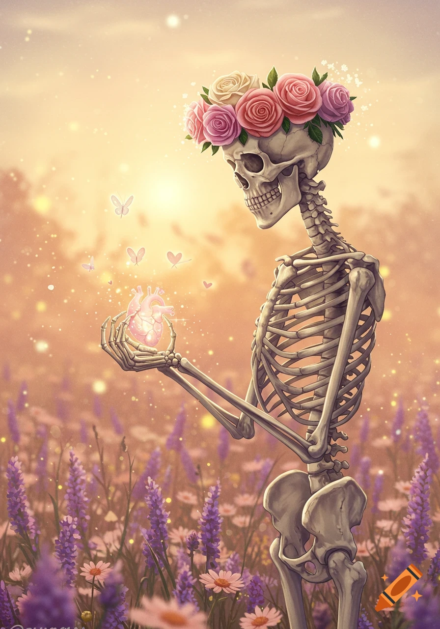 A skeleton with a rose crown holds a glowing heart in a vibrant lavender field under a soft, glowing sky with butterflies.