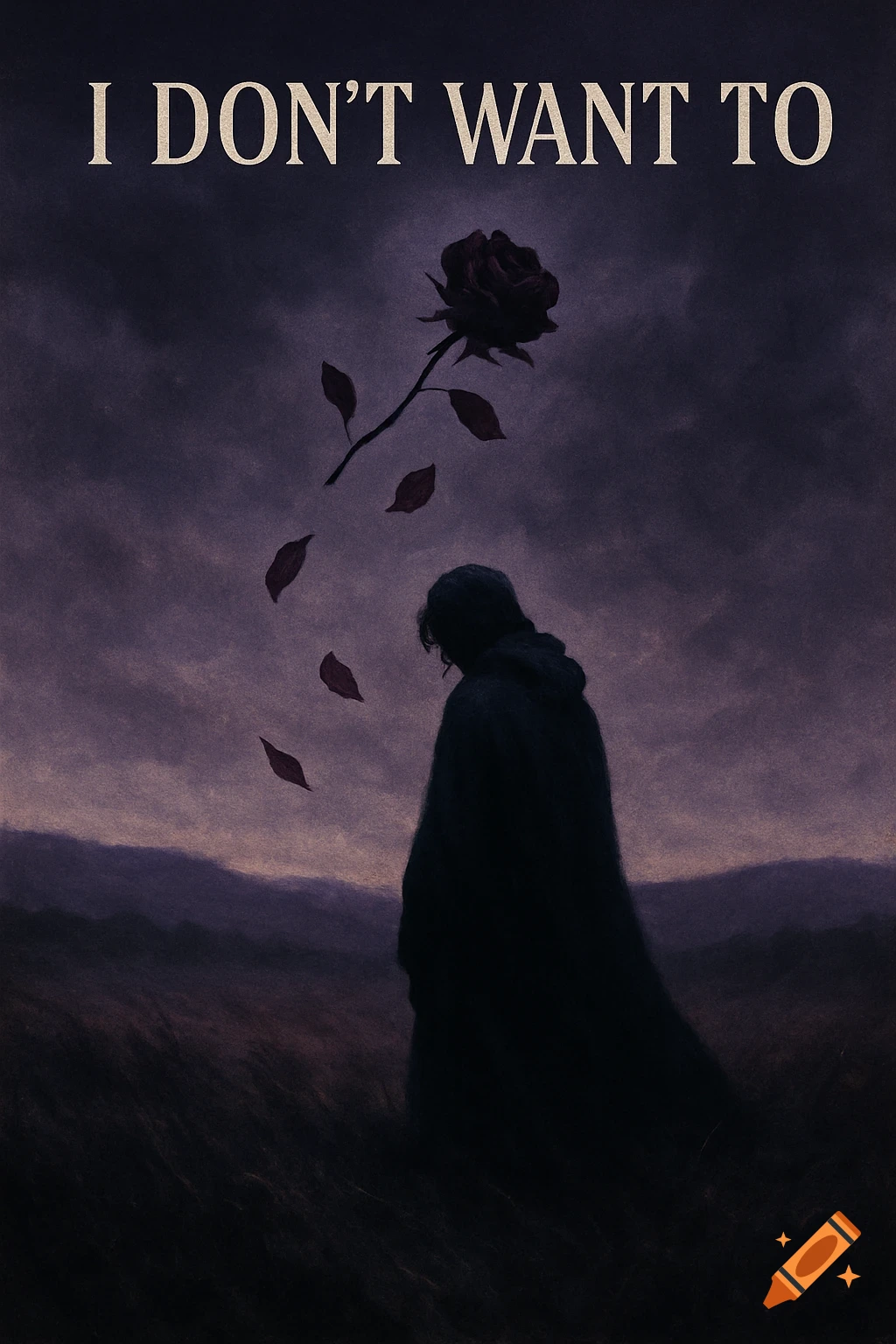 A moody digital painting of a person in silhouette, a wilting rose, and falling leaves under a purple sky. Text reads 'I DON'T WANT TO'.