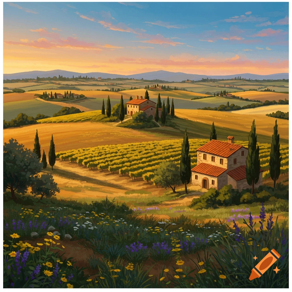 Vibrant painting of a Tuscan landscape with rolling hills, vineyards, farmhouses, cypress trees, and wildflowers at sunset.