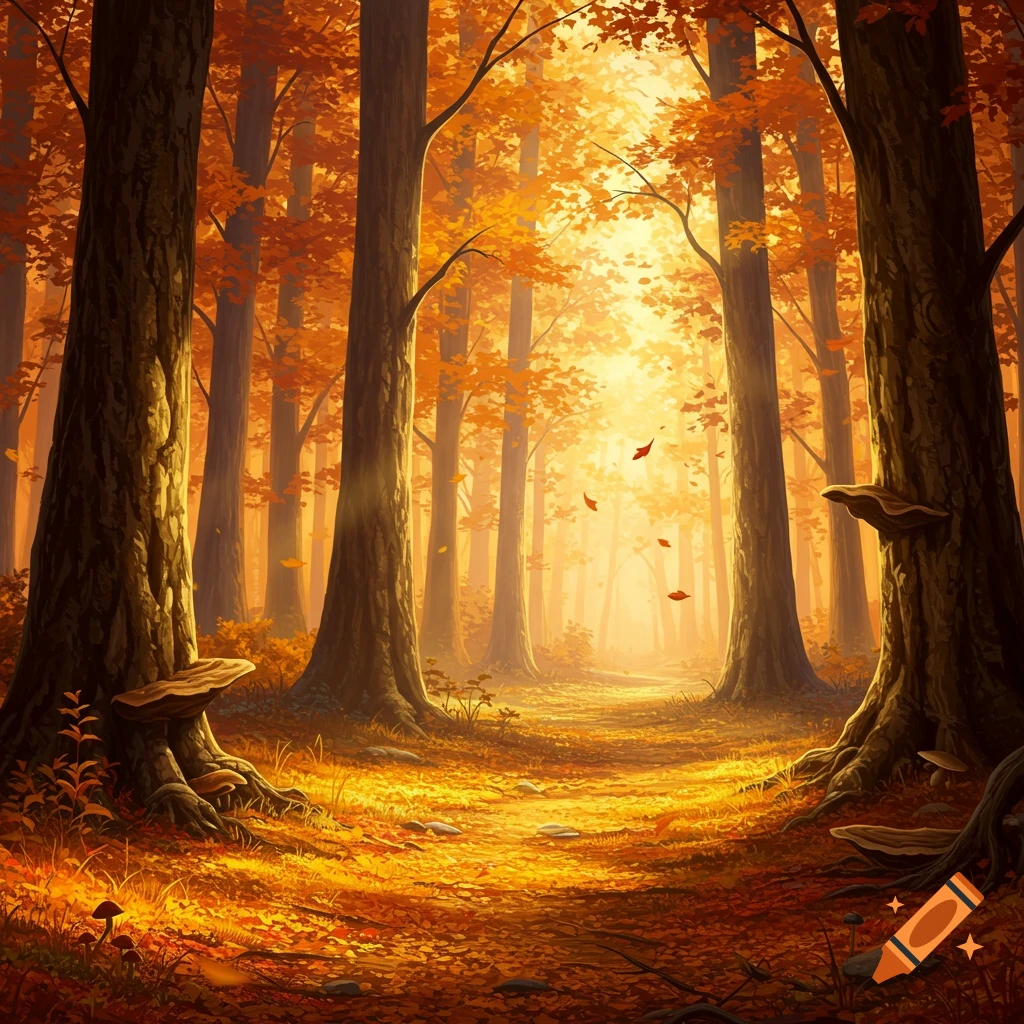 A vibrant autumn forest path with tall trees and golden leaves illuminated by a bright, warm light.
