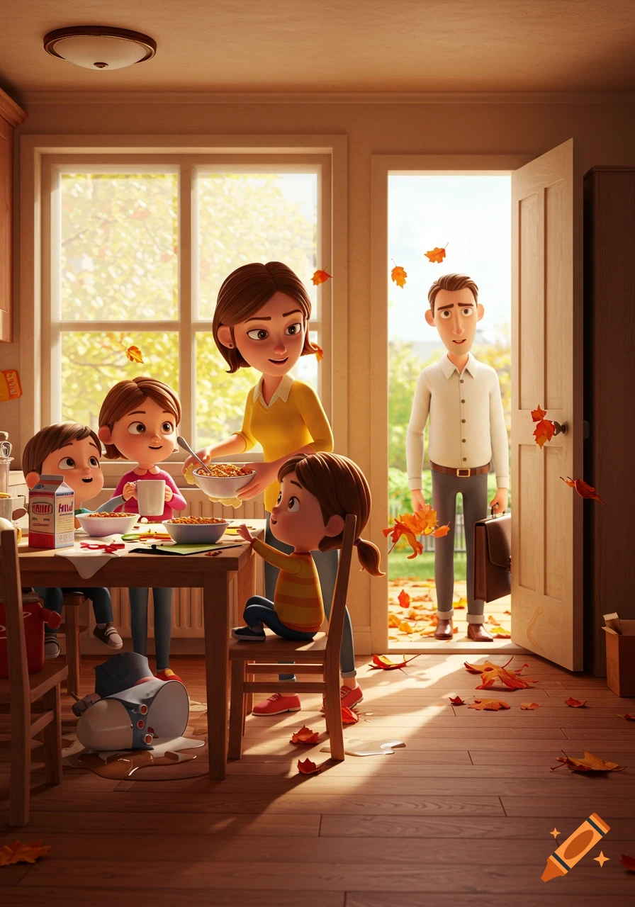 Pixar-style family morning scene: mom serves kids cereal in a kitchen as dad returns home, autumn leaves blowing in.