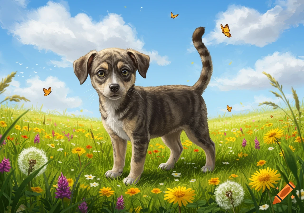 A cute brindle puppy with big eyes stands in a vibrant green field filled with colorful wildflowers under a blue sky with butterflies, illustrated.