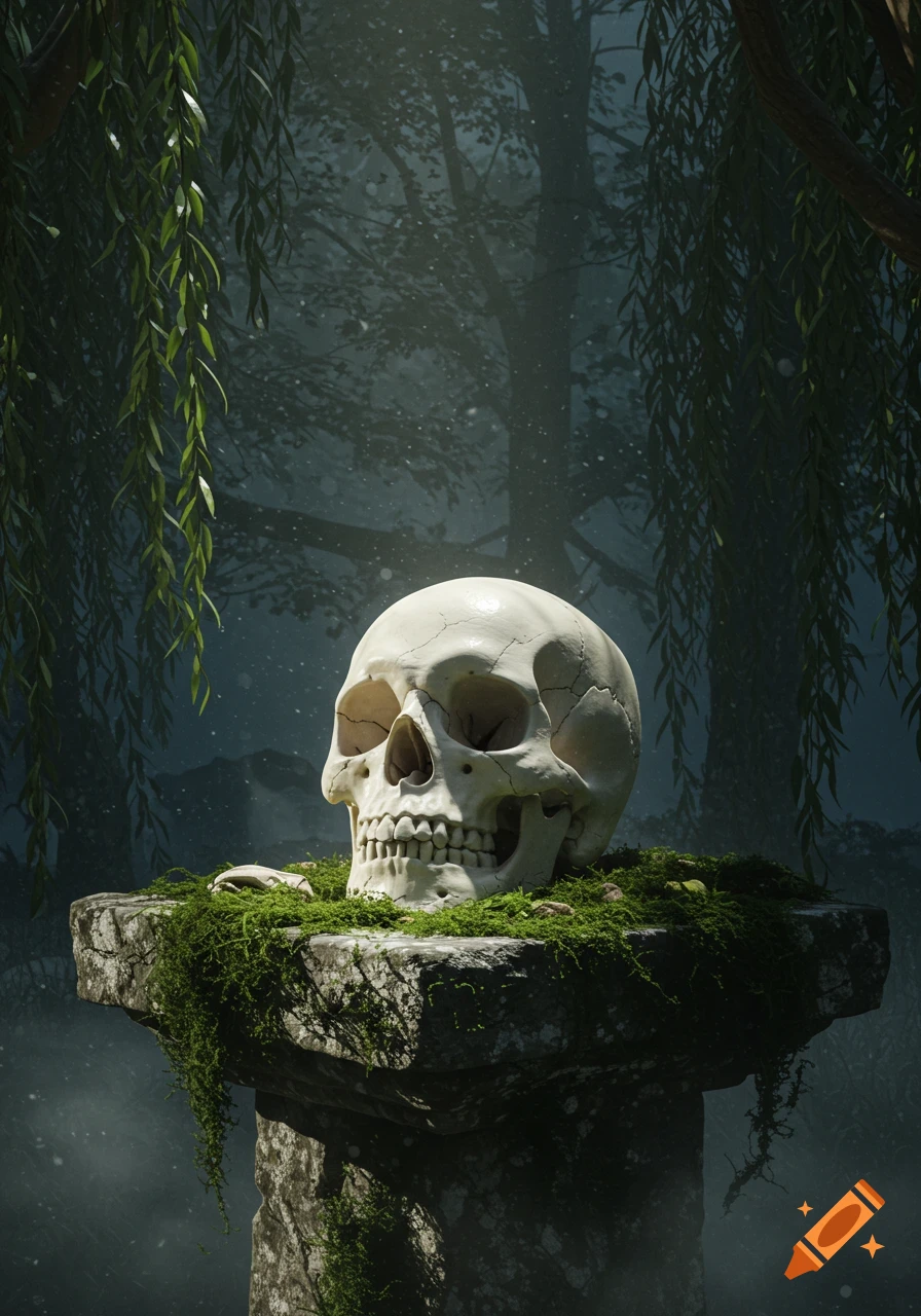 A photorealistic white human skull with cracks rests on a mossy stone pedestal in a dark, misty forest with weeping willow branches.