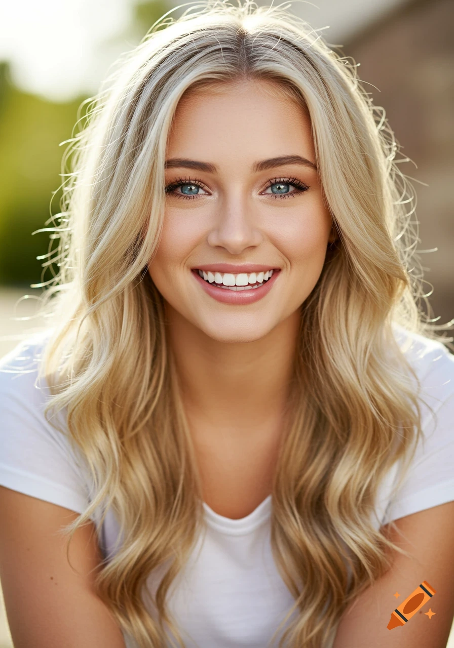 Photorealistic portrait of a beautiful blonde young woman with blue eyes, long wavy hair, and a broad smile, wearing a white t-shirt.
