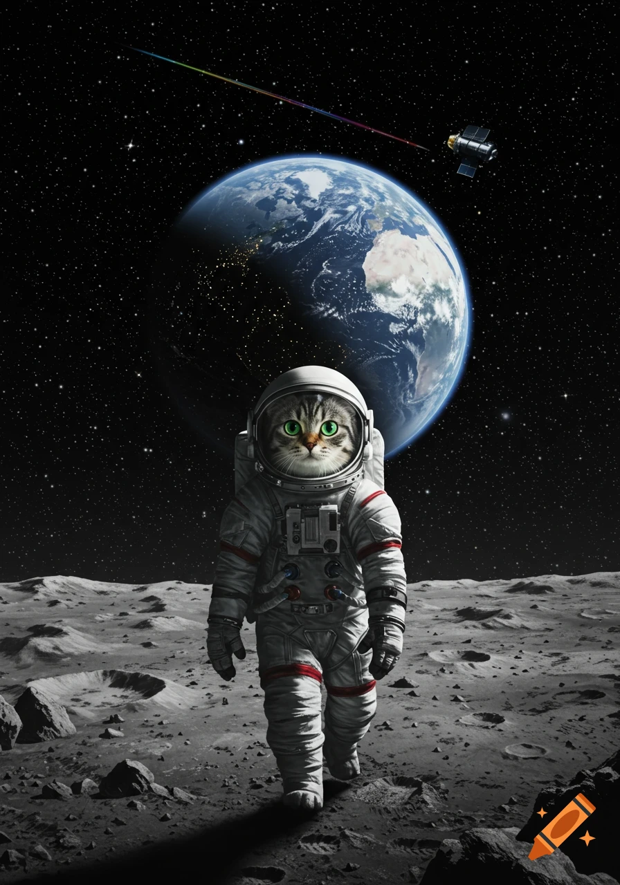 A photorealistic cat in an astronaut suit walks on the moon with Earth and stars in the background.