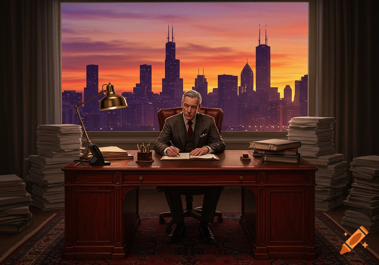 A man in a suit sits at a cherry wood desk writing, with the Chicago skyline at sunset visible through a window.