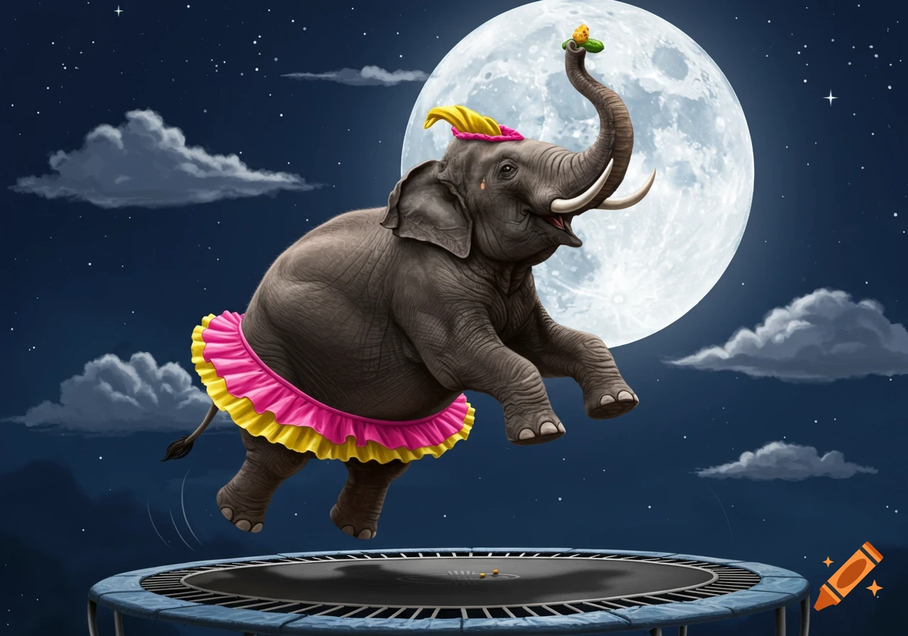 A whimsical cartoon elephant in a pink and yellow tutu jumps on a trampoline against a starry night sky with a large full moon. It holds a small pickle on its trunk and wears a yellow hat.