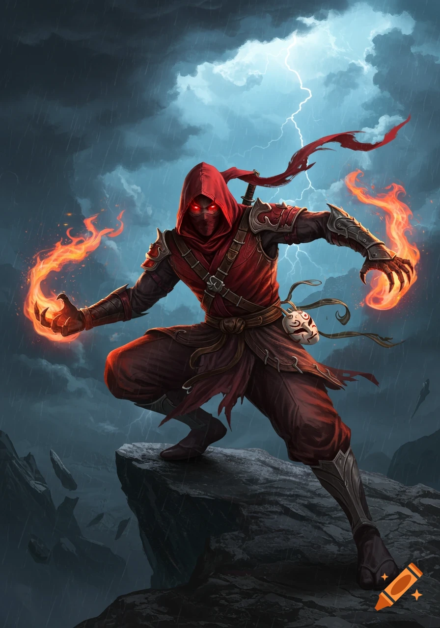 Red hooded ninja with glowing red eyes summons fire on a cliff under a stormy, lightning-filled sky.