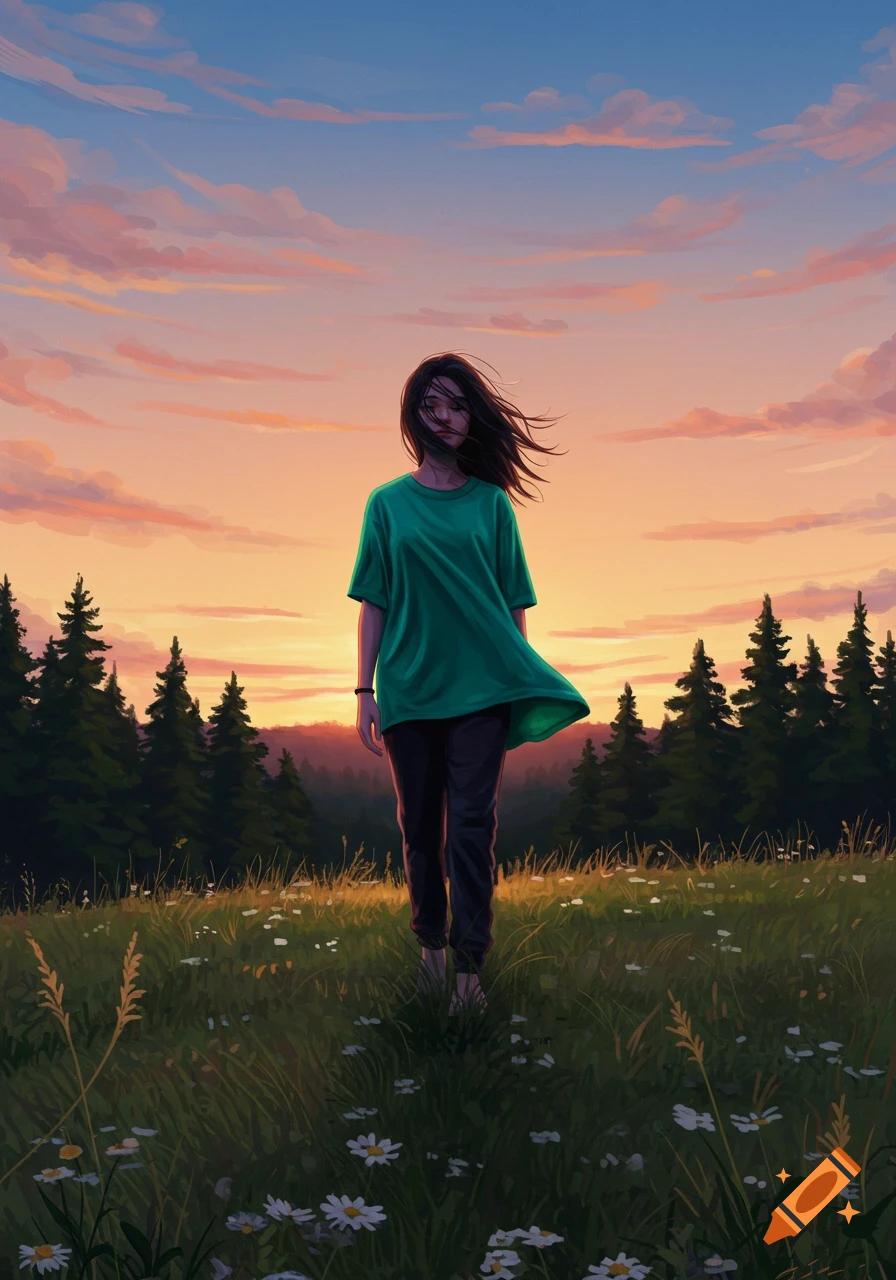 Digital painting of a person with windblown hair walking through a grassy field with trees at sunset.
