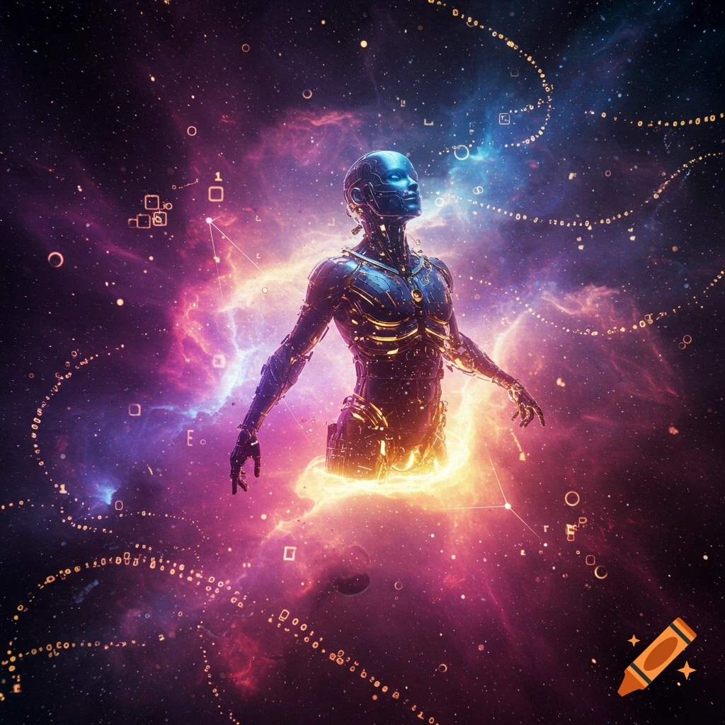 A glowing humanoid robot floats in a colorful cosmic void surrounded by nebulae and abstract digital data streams.