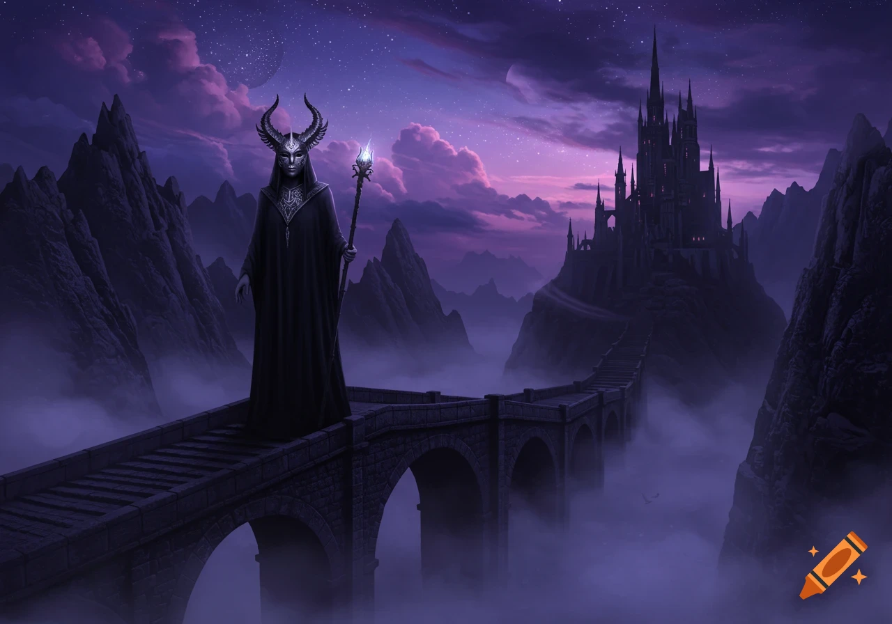 A horned, masked figure in black stands on a stone bridge leading to a dark castle under a purple, starry twilight sky.