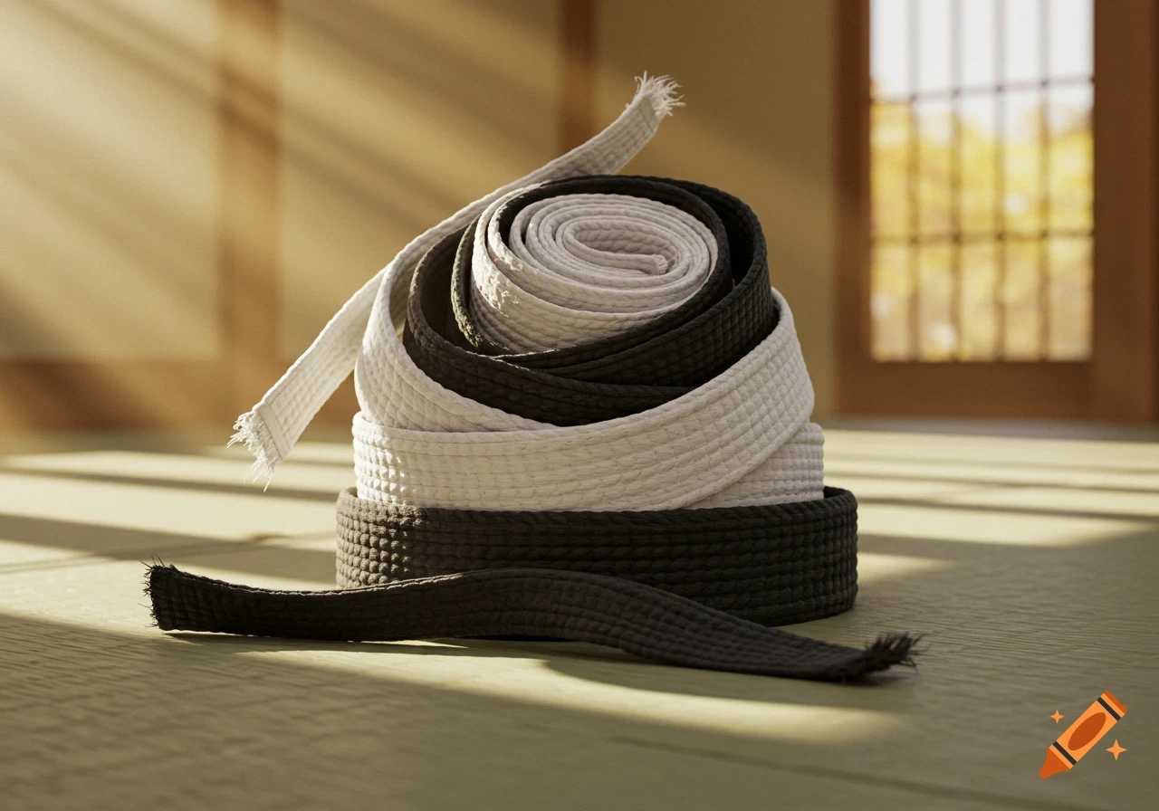 A stack of white and black judo belts coiled on a tatami mat in a sunlit dojo.