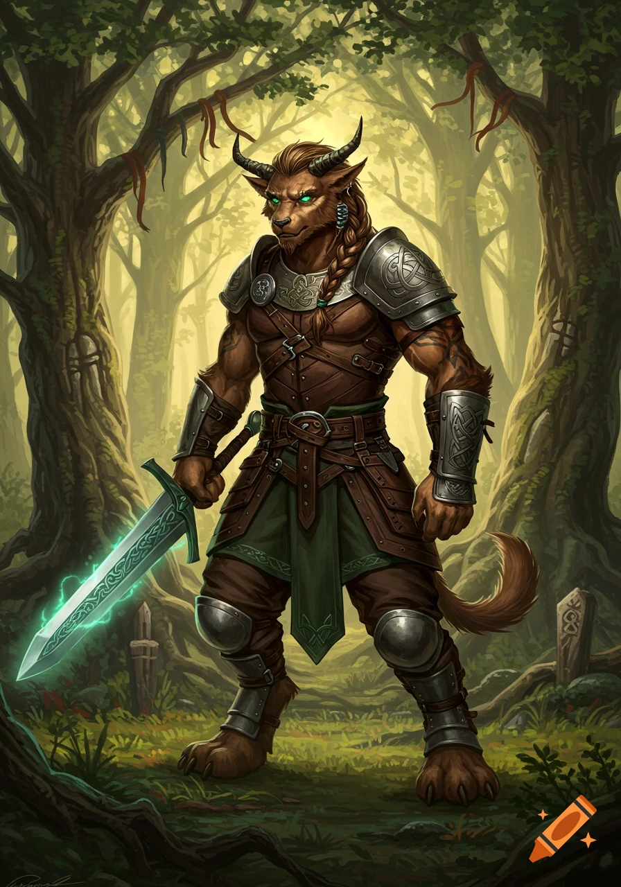 A horned anthropomorphic warrior in ornate armor with a glowing sword stands in a vibrant magical forest.