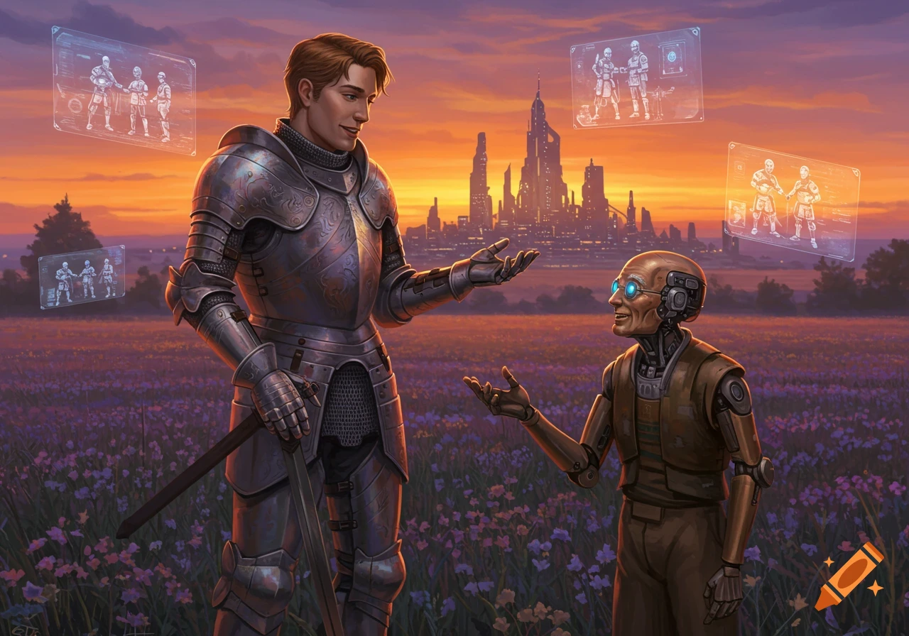 A knight talks with a robot in a flower field, with a futuristic city and sunset in the background. Digital painting.