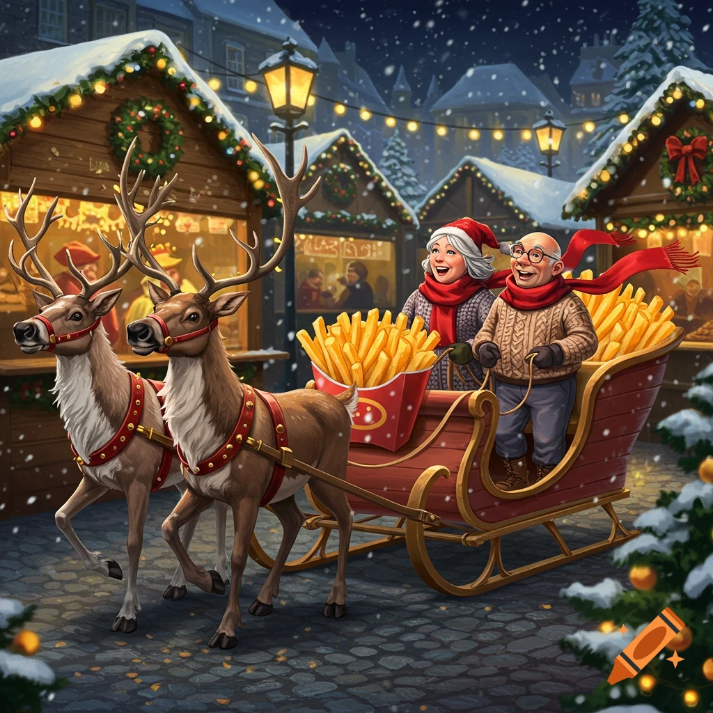 A festive Christmas market scene with snow falling. Two reindeer pull a sleigh filled with french fries, driven by an elderly couple in Santa hats and scarves.