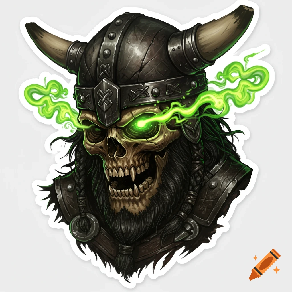 Highly detailed illustration of an undead Viking skull wearing a horned helmet, with glowing green eyes and a snarling mouth, on a white sticker.