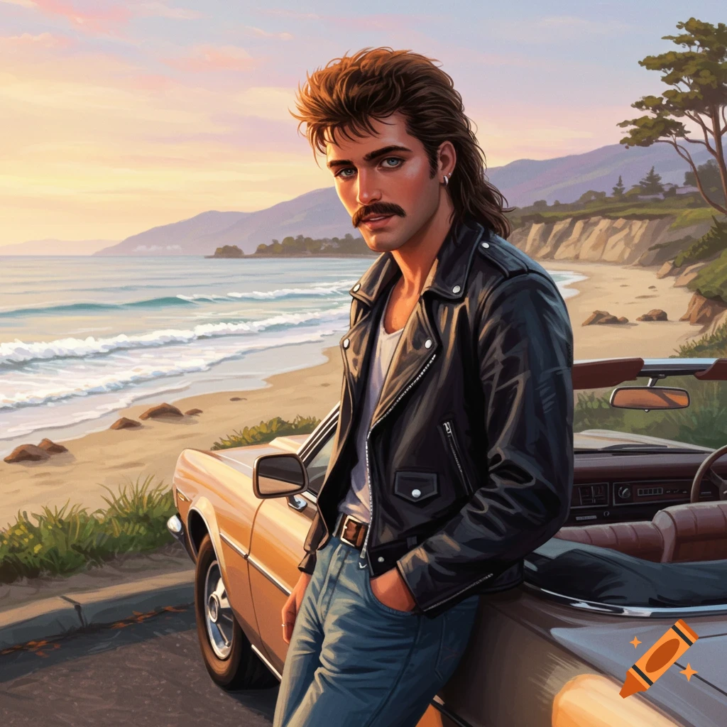 Illustrated man with a mullet and mustache in a leather jacket leans on a convertible car by a sunset beach.