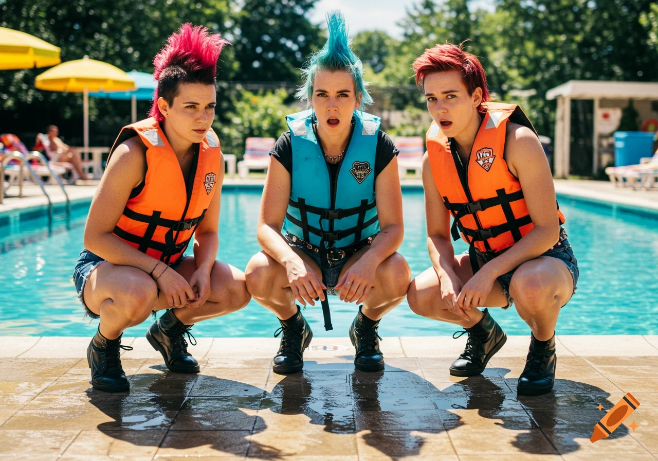 Three punk-rock women with colorful mohawks squatting nervously by a swimming pool, wearing life jackets and shorts. Photorealistic.