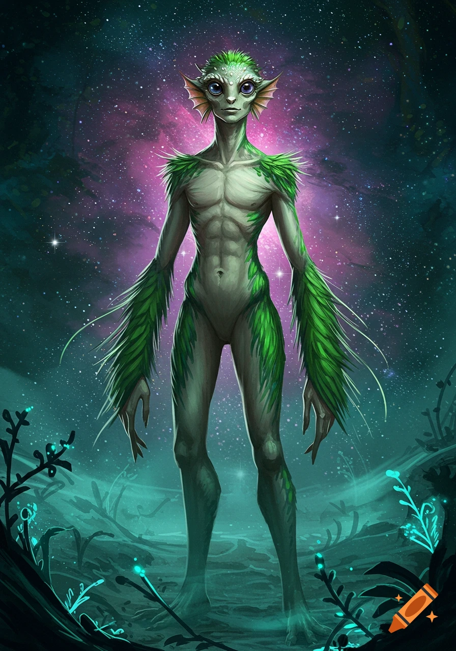A tall, slender green alien humanoid with large eyes and leafy textures on its body stands against a cosmic, star-filled background.