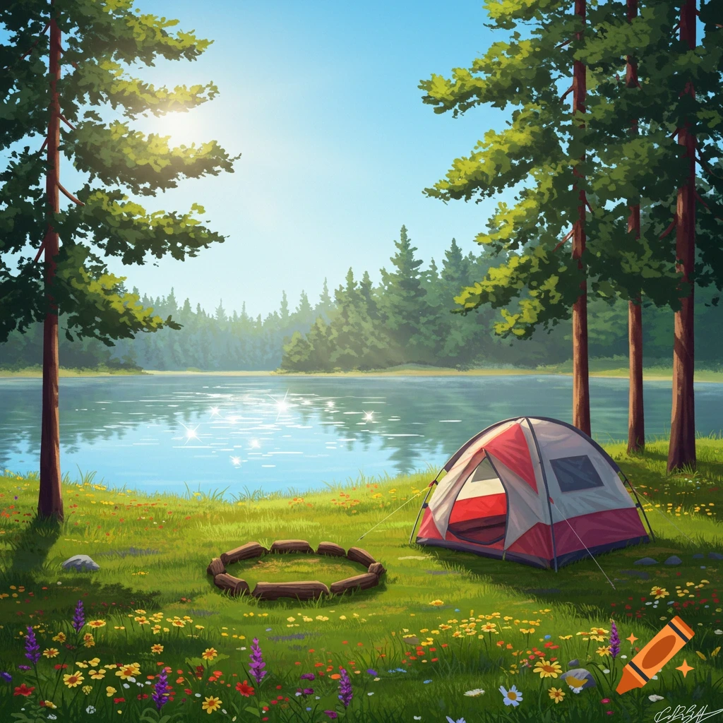 Vibrant illustration of a red and white tent and campfire ring by a clear lake surrounded by pine trees and wildflowers under a sunny sky.