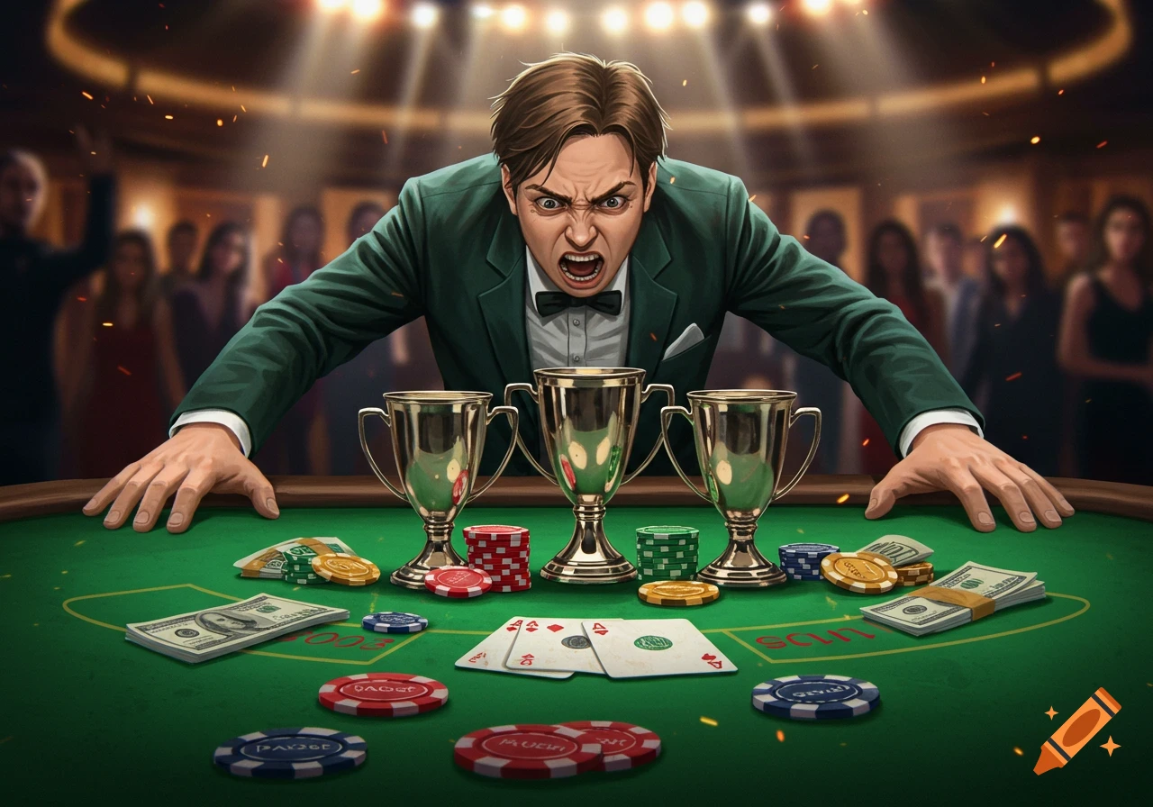 An angry man in a suit pounds on a green gambling table filled with poker chips, money, playing cards, and three trophies. Other blurry figures are in the background.