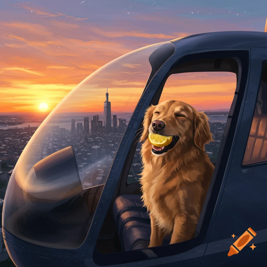 Happy golden retriever dog in a helicopter holding a lemon, flying over a city at sunset, digital painting.