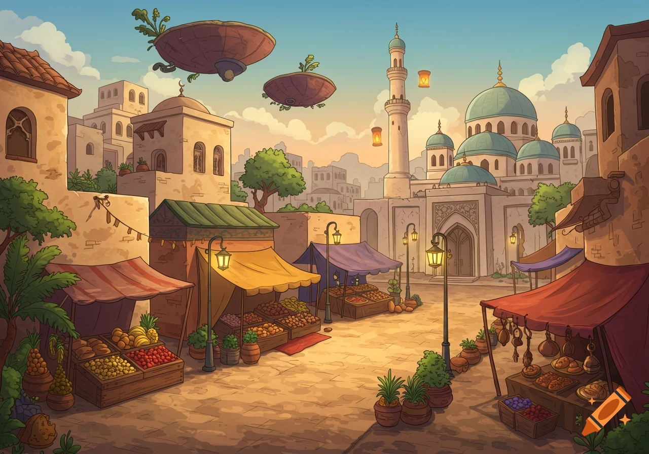 A vibrant cartoon fantasy marketplace with vendor stalls, a large mosque, traditional buildings, and flying platforms.