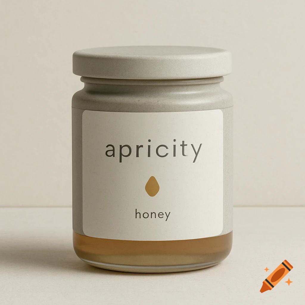 A minimalist jar of Apricity honey with a light gray label and a golden drop icon on a pale background.