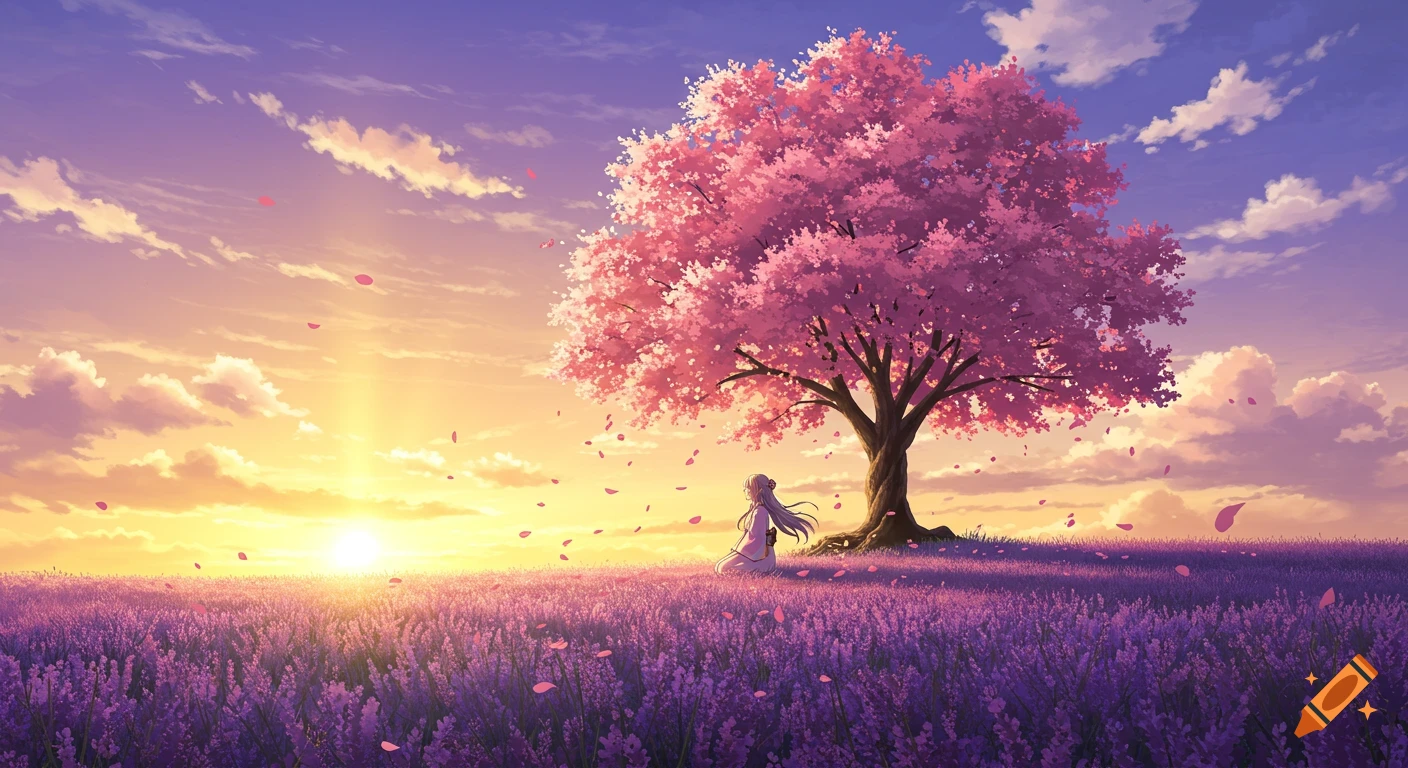 Anime girl kneels in a lavender field under a cherry blossom tree at sunset.