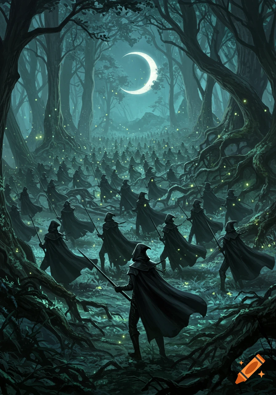 A vast army of hooded figures in dark cloaks marches through an enchanted, misty forest under a bright crescent moon.