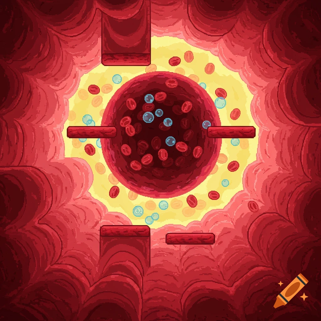 Pixel art of a blood vessel interior with red walls, yellow plasma, platforms, red blood cells, and blue oxygen bubbles.