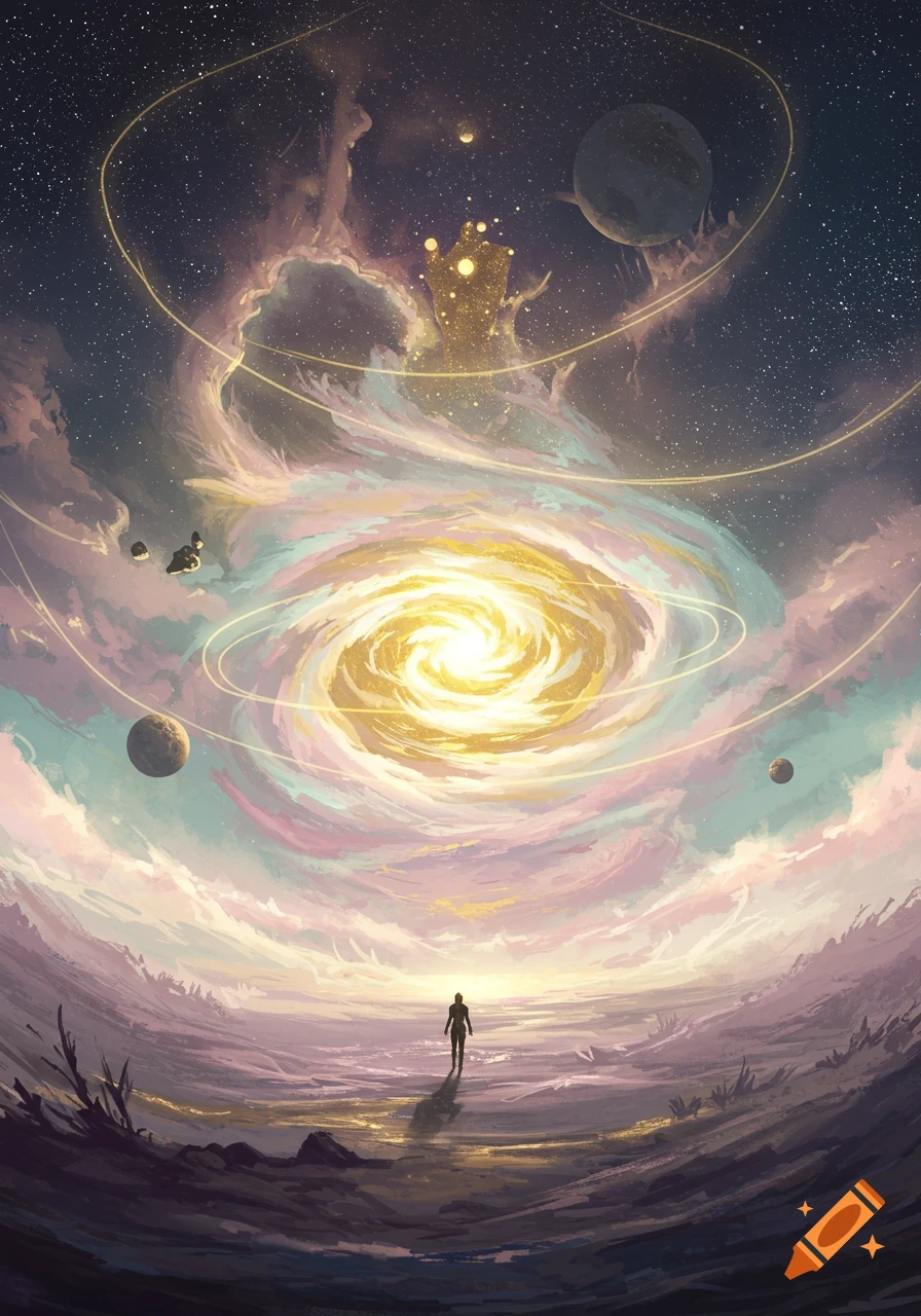A lone figure stands in an otherworldly landscape, gazing at a bright swirling cosmic entity, surrounded by planets and stars.