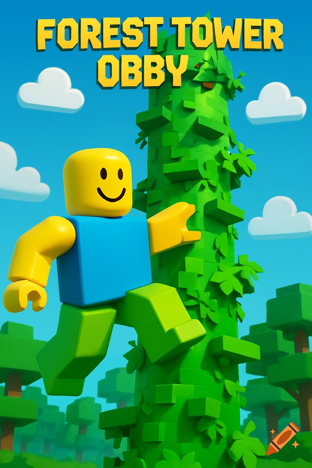Roblox character climbs a blocky green forest tower with 'FOREST TOWER OBBY' text, in a cartoon game style.